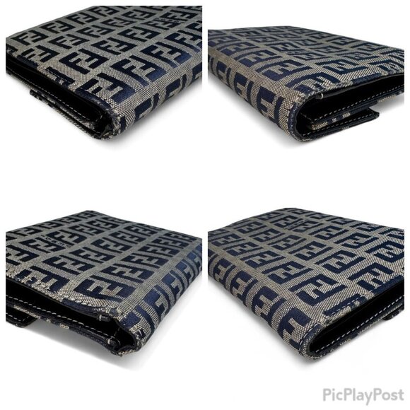 Fendi Zucca Compact Navy Wallet - FF Logo - Picture 13 of 15